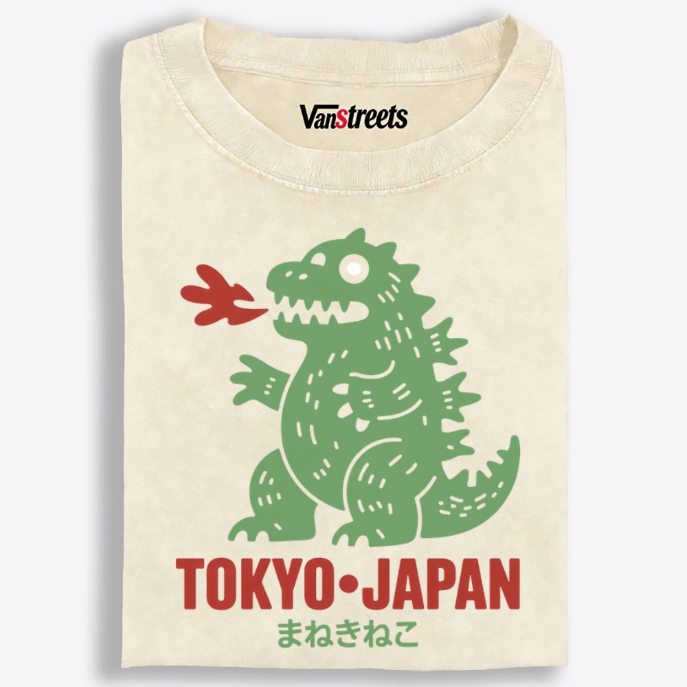 Maneki Neko Godzilla Tokyo Retro Washed T-Shirt | 100% Cotton | Streetwear Essential