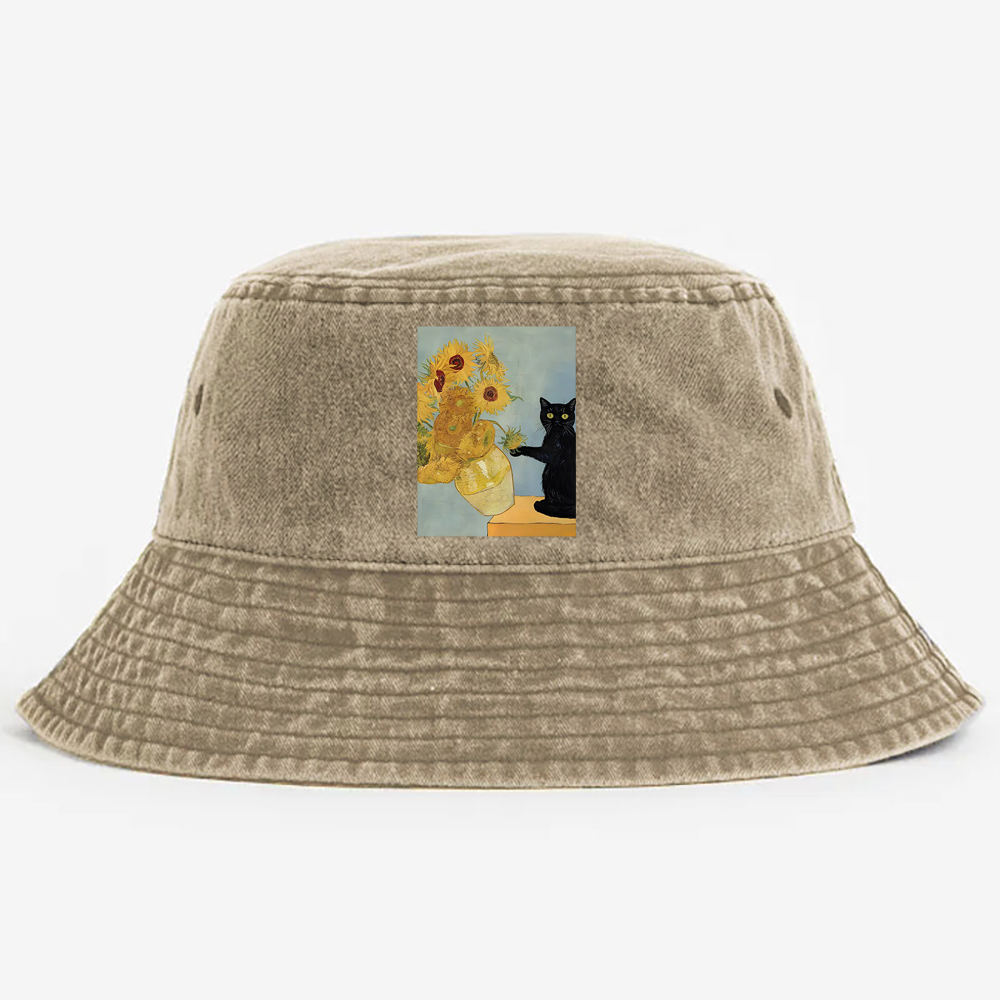 Playful Cat Meets Van Gogh Sunflowers Retro Vintage Washed Bucket Hat