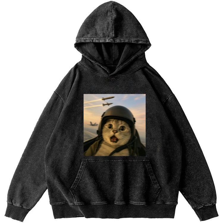 Fighter Jet Cat Pilot Meme Retro Washed Hoodie