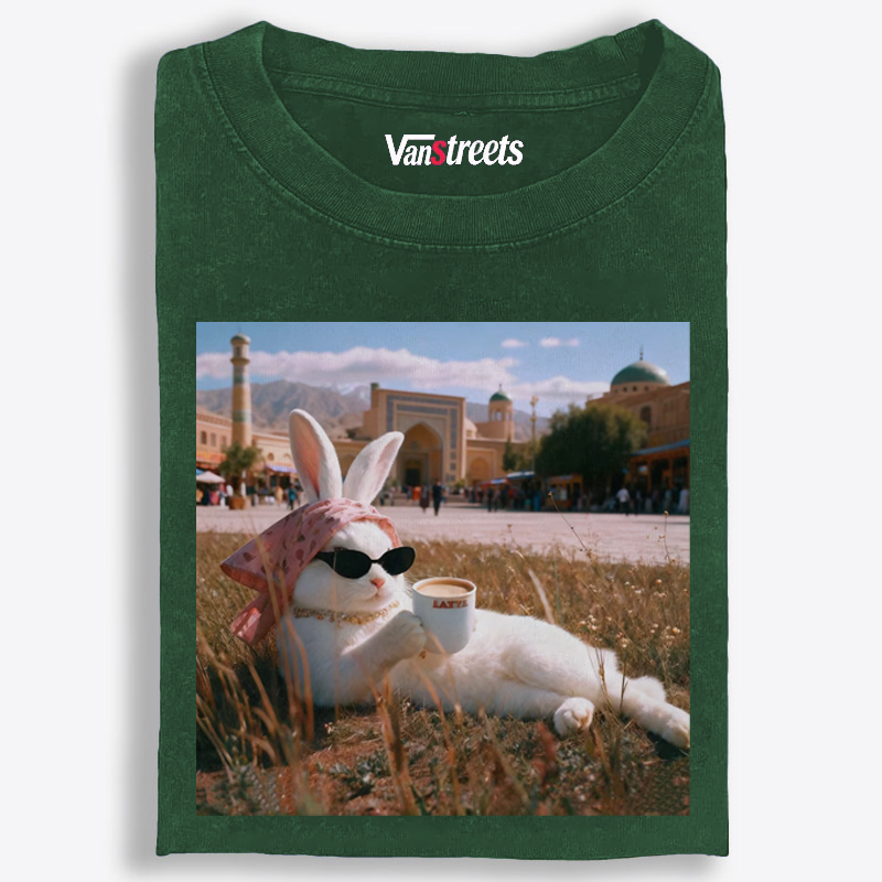 Rabbit Drinking Tea Uyghur Style Retro Washed T-Shirt | 100% Cotton | Streetwear Essential