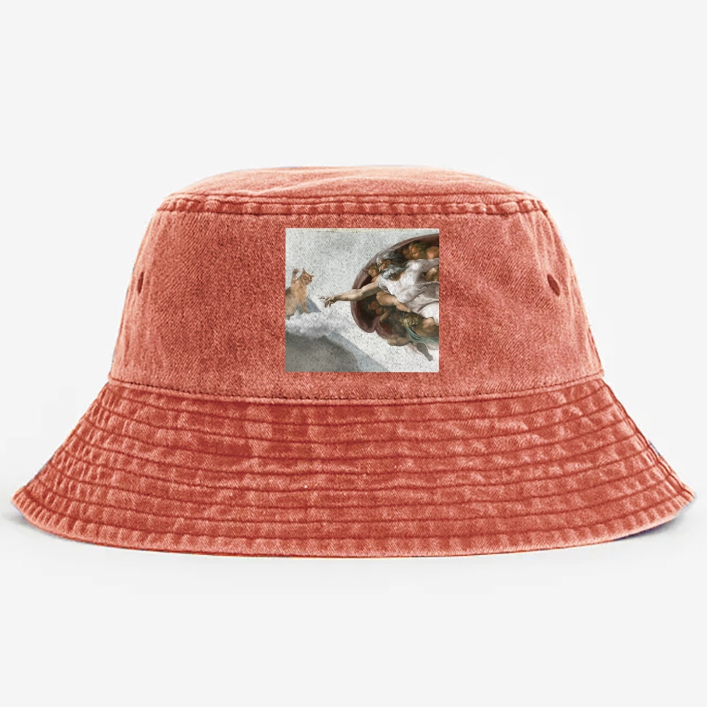 Cat Parody of "The Creation of Adam" Art Retro Vintage Washed Bucket Hat