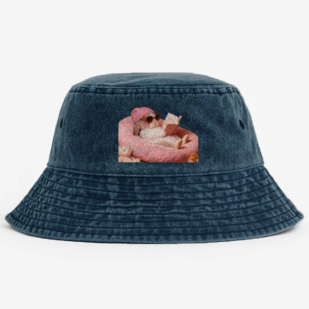 Bunny Bookish Rabbit Retro Vintage Washed Bucket Hat