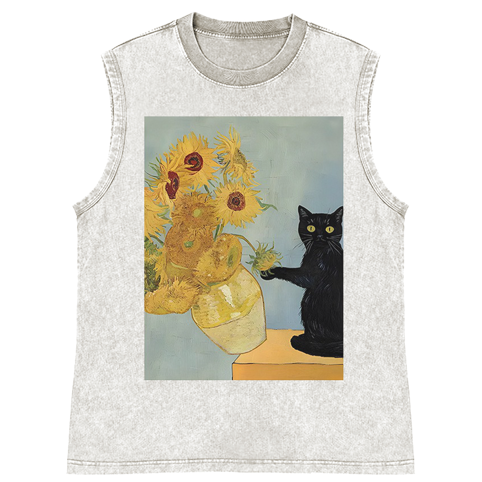 Van Gogh Sunflowers Black Cat Retro Washed Tank Top