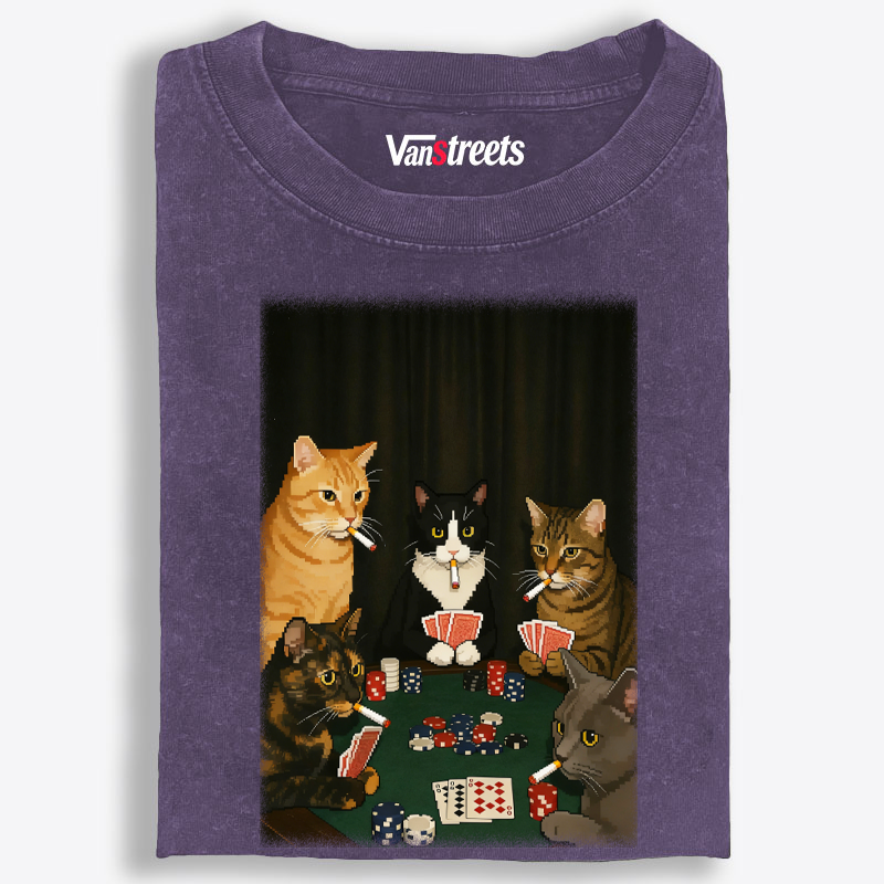 Midnight Poker Cats Retro Washed T-Shirt | 100% Cotton | Streetwear Essential