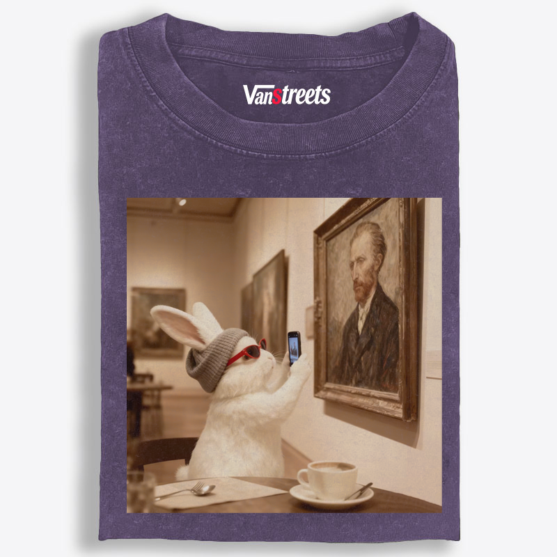 Art Bunny Taking Selfie With Van Gogh Meme Retro Washed T-Shirt | 100% Cotton | Streetwear Essential