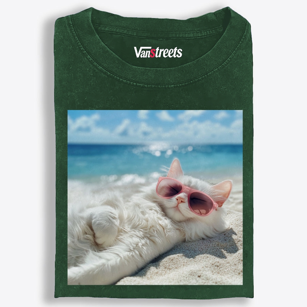 Lazy Beach Cat Sunbathing Washed T-Shirt | 100% Cotton | Streetwear Essential