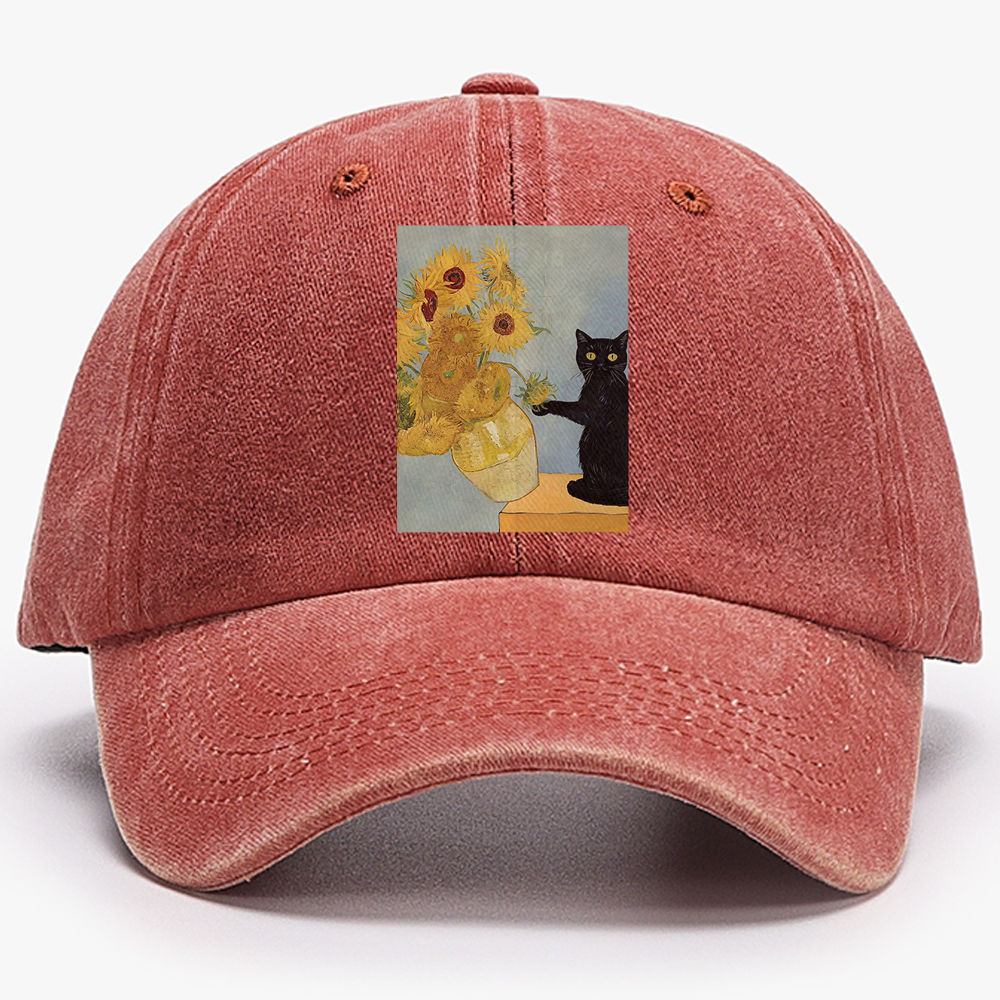 Playful Cat Meets Van Gogh Sunflowers Retro Washed Baseball Cap