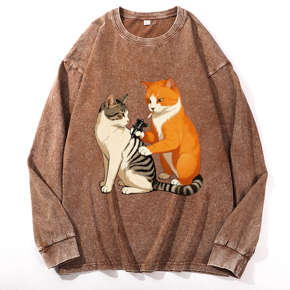 Tattoo Artist Orange Cat Retro Washed Long Sleeve T-Shirt