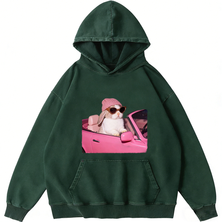Pink Sports Car Cool Rabbit Retro Washed Hoodie