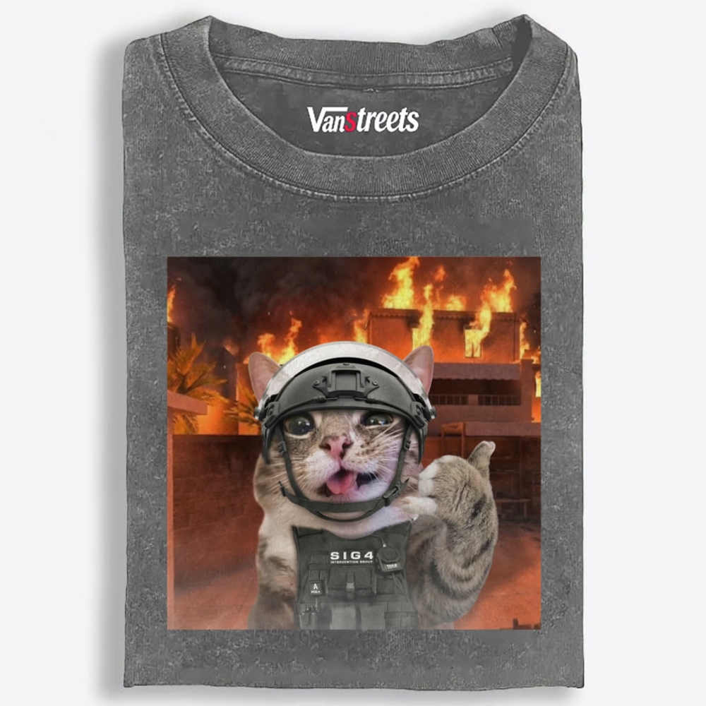 Tactical Cat In Fire Meme Retro Washed T-Shirt | 100% Cotton | Streetwear Essential