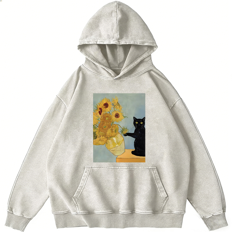 Van Gogh Sunflowers Black Cat Retro Washed Hoodide | 100% Cotton | Streetwear Essential