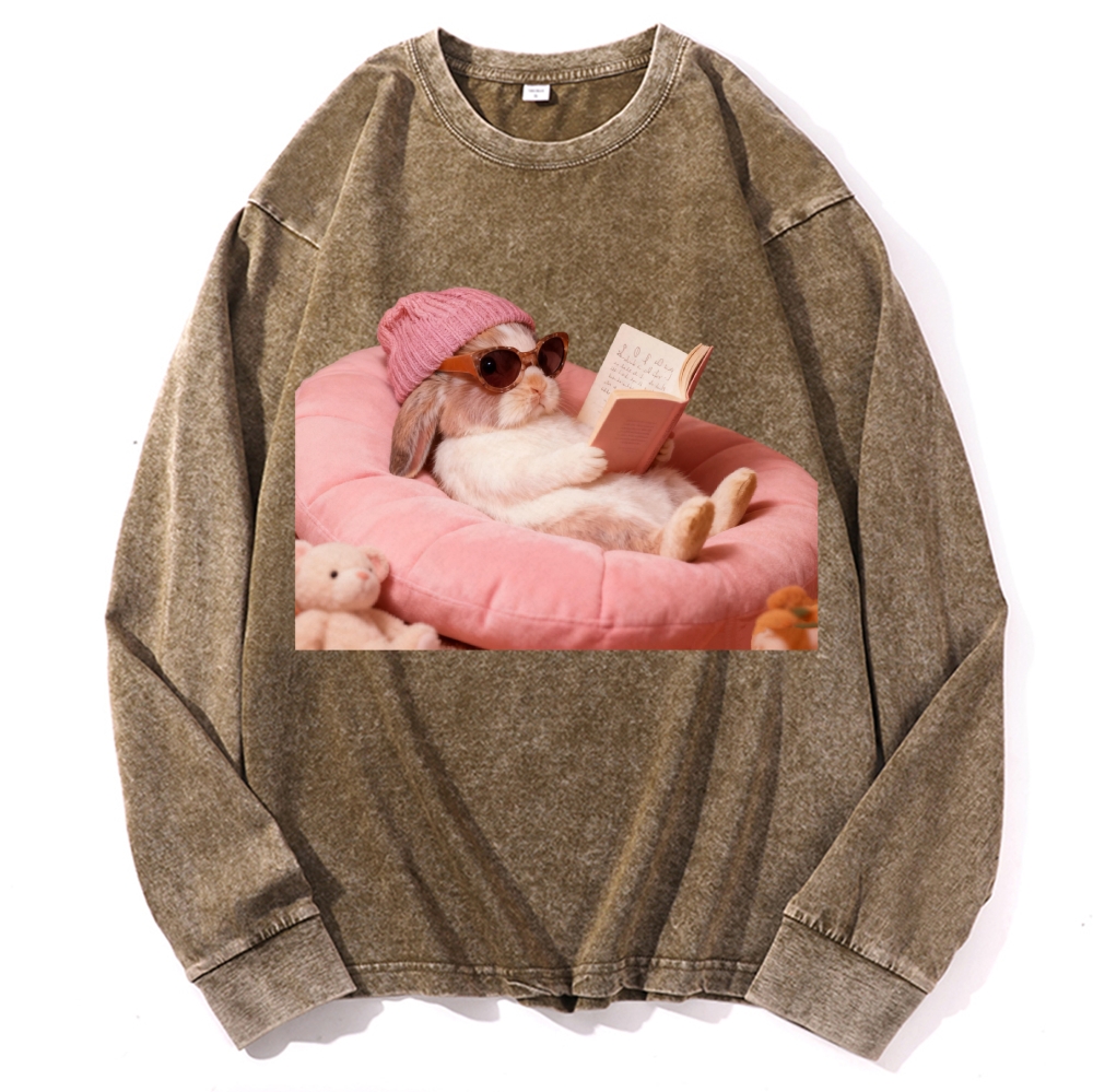 Bunny Bookish Rabbit Retro Washed Long Sleeve T-Shirt
