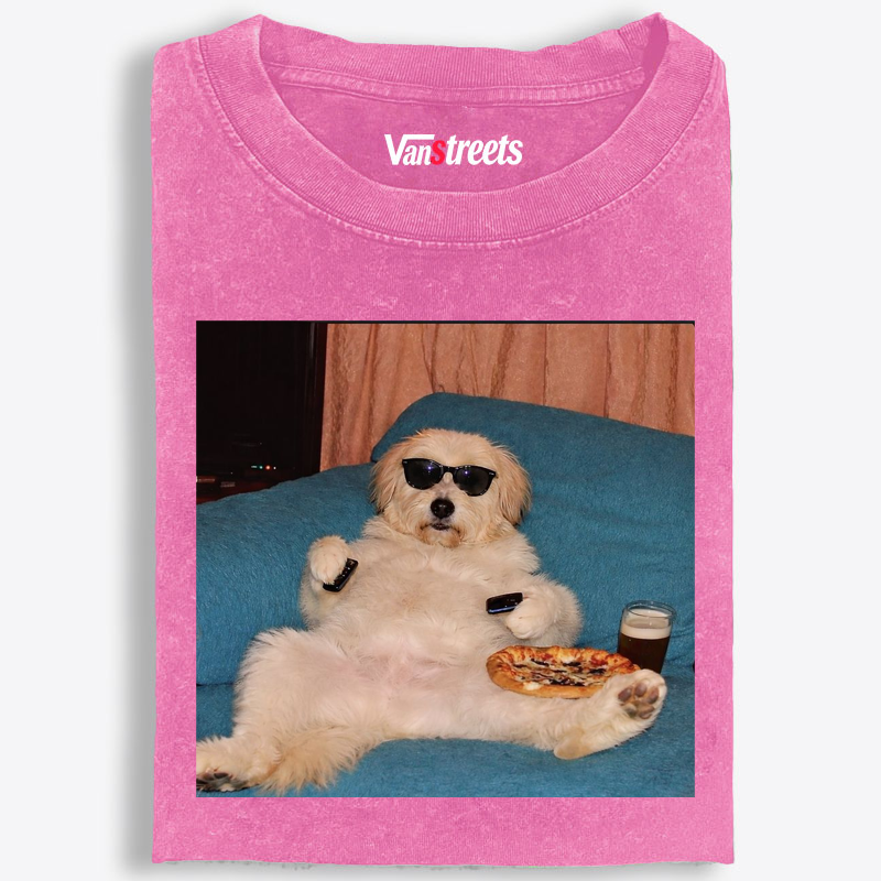 Chill Dog With Pizza Beer Remote Control Meme Retro Washed T-Shirt | 100% Cotton | Streetwear Essential