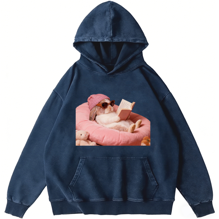 Cozy Reading Rabbit Retro Washed Hoodide | 100% Cotton | Streetwear Essential