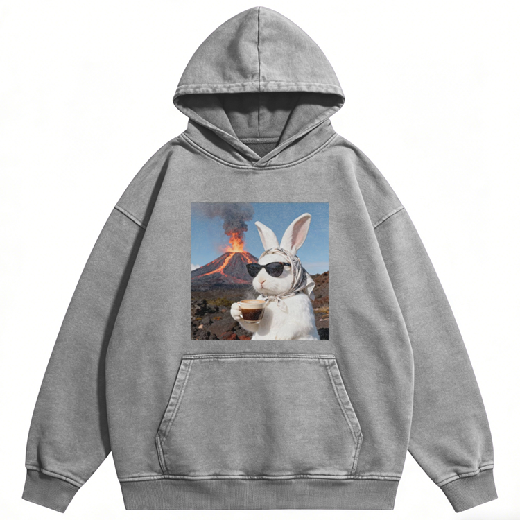 Volcano Coffee Rabbit Retro Washed Hoodide | 100% Cotton | Streetwear Essential