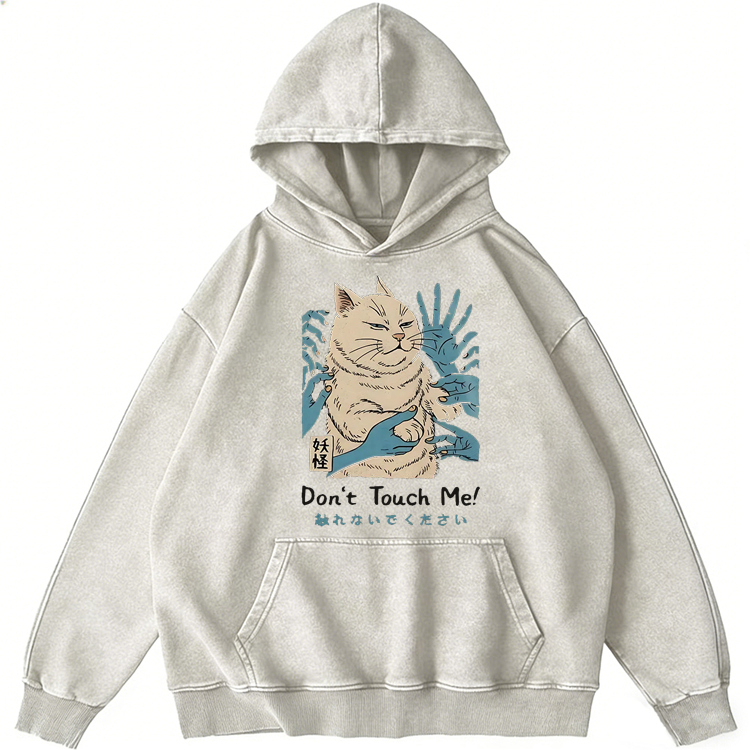 Yokai Cat Don't Touch Me Japanese Retro Washed Hoodide | 100% Cotton | Streetwear Essential