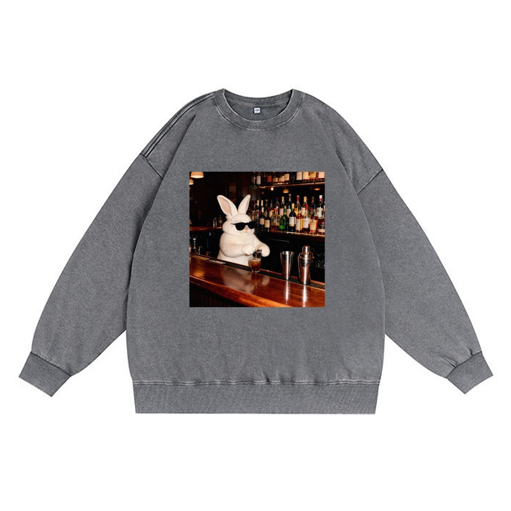 Bartender Bunny Retro Premium Washed Cotton Crewneck Sweatshirt