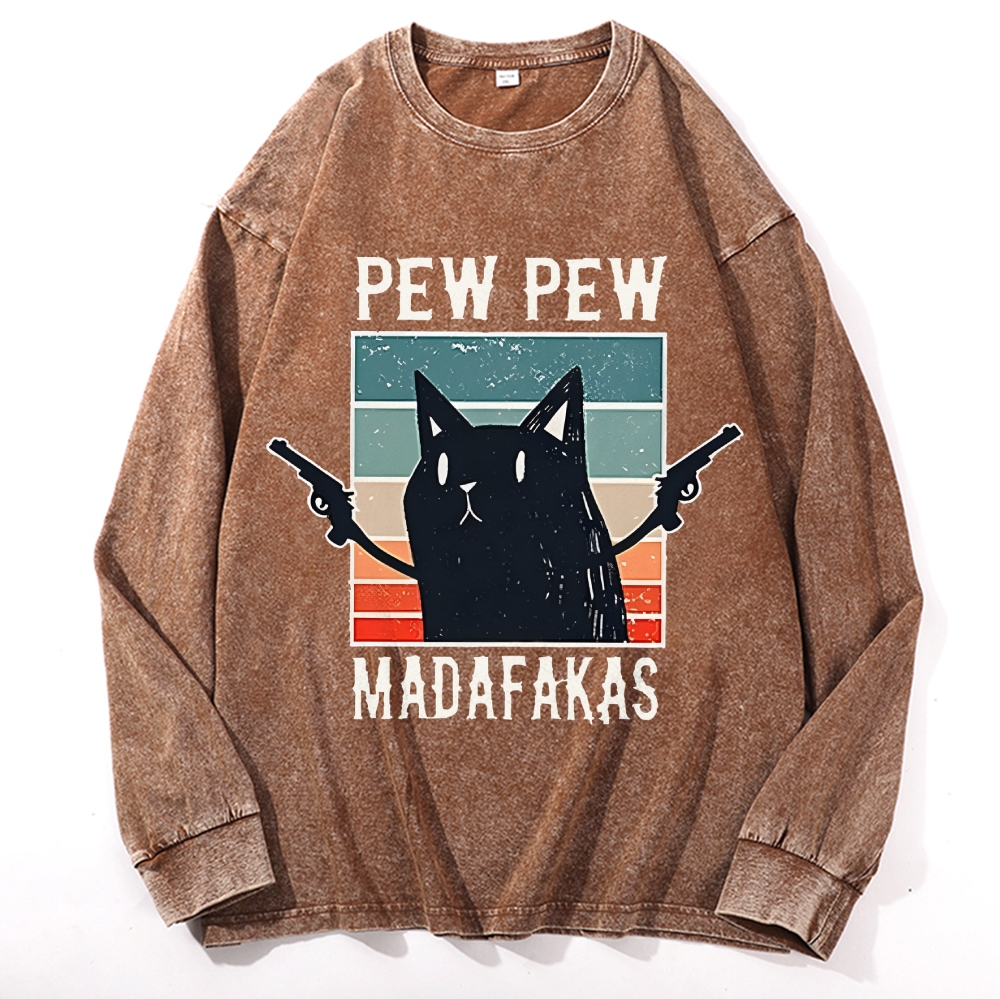 "Pew Pew Madafakas" Black Cat Retro Washed Long Sleeve T-Shirt