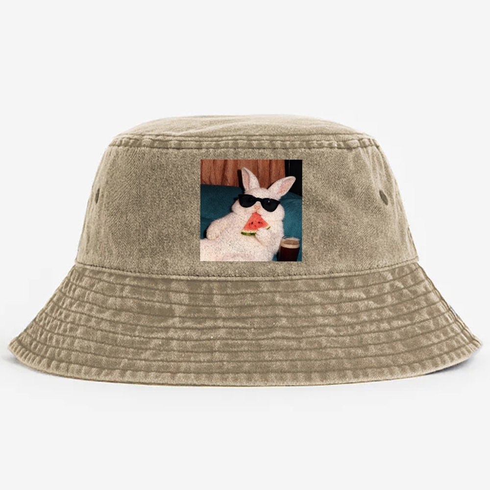 Rabbit Eating Watermelon Sunglasses Retro Vintage Washed Bucket Hat