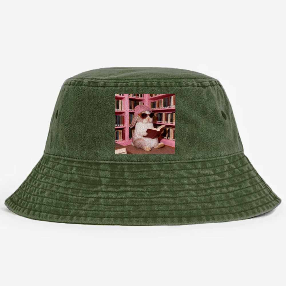 Bunny Bookish Rabbit Retro Vintage Washed Bucket Hat