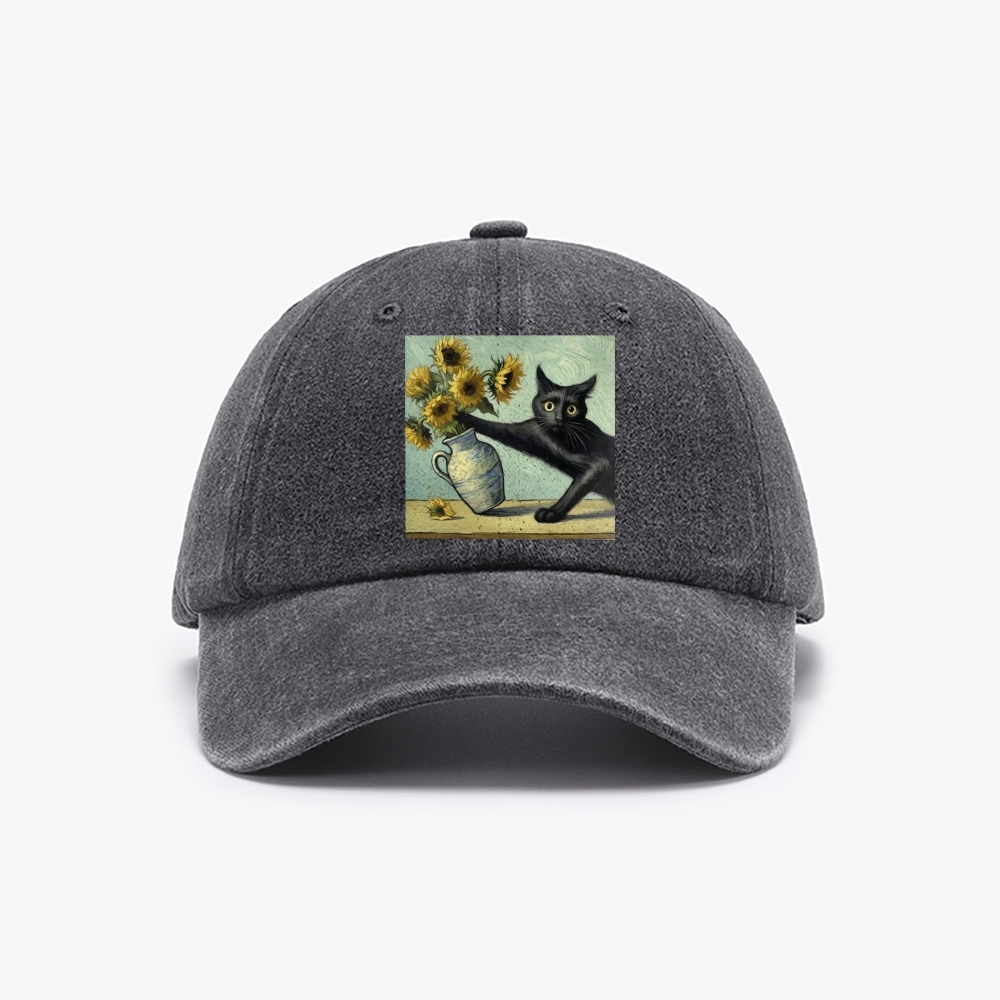 Van Gogh's Cat with Sunflowers Retro Washed Baseball Cap