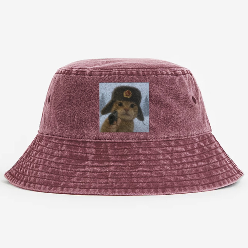 Soviet Ushanka Cat Retro Vintage Washed Bucket Hat