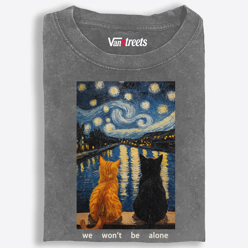 Cats in Starry Night Over the Rhône Retro Washed T-Shirt | 100% Cotton | Streetwear Essential