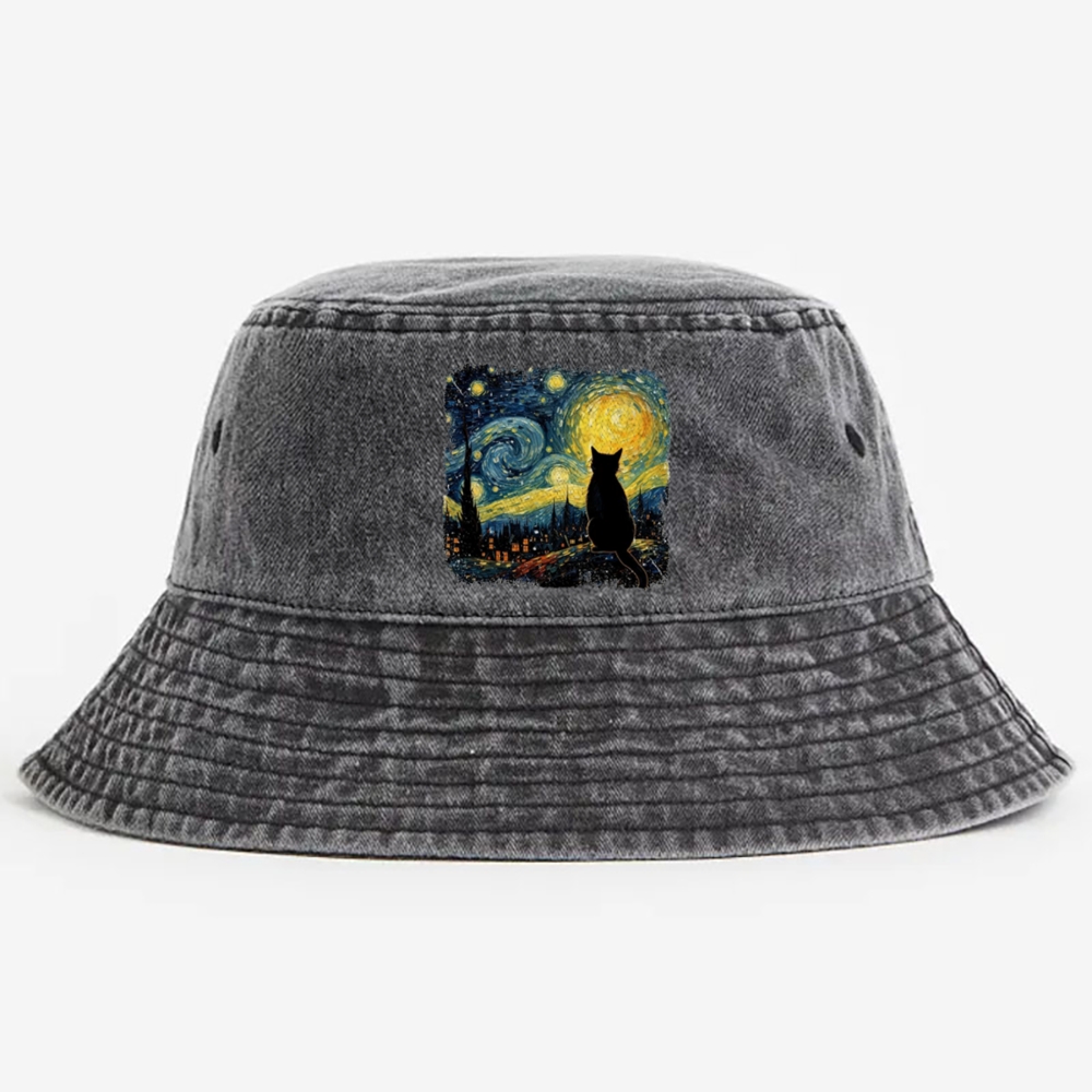 Van Gogh Starry Night Cat Retro Vintage Washed Bucket Hat