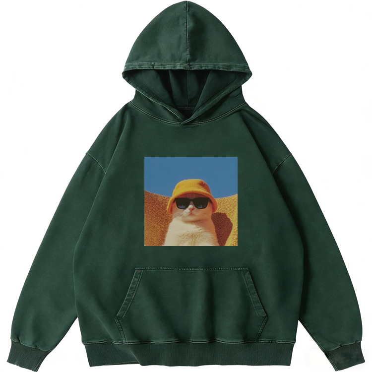 Cool Cat In Yellow Bucket Hat Streetwear Retro Washed Hoodie