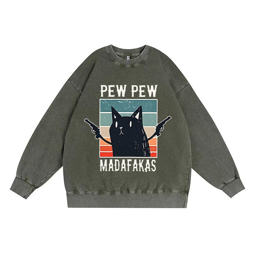 "Pew Pew Madafakas" Black Cat Retro Premium Washed Cotton Crewneck Sweatshirt
