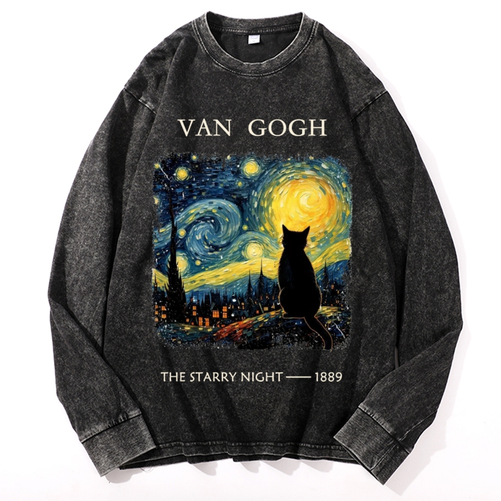Van Gogh Starry Night Cat Retro Washed Long Sleeve T-Shirt