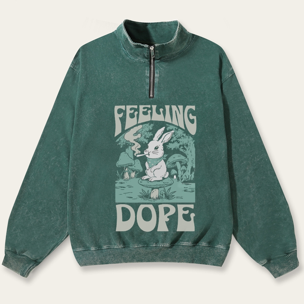 Bunny Feeling Dope Rabbit Retro Washed Zip-Up Mock Neck Sweatshirt