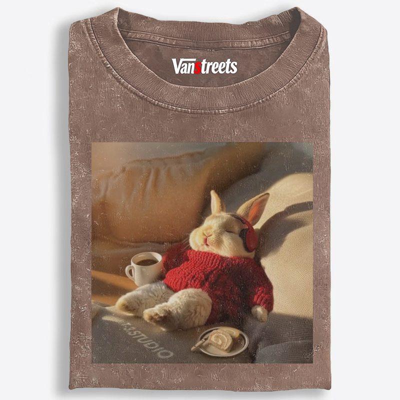 Lazy Coffee Bunny Meme Retro Washed T-Shirt | 100% Cotton | Streetwear Essential