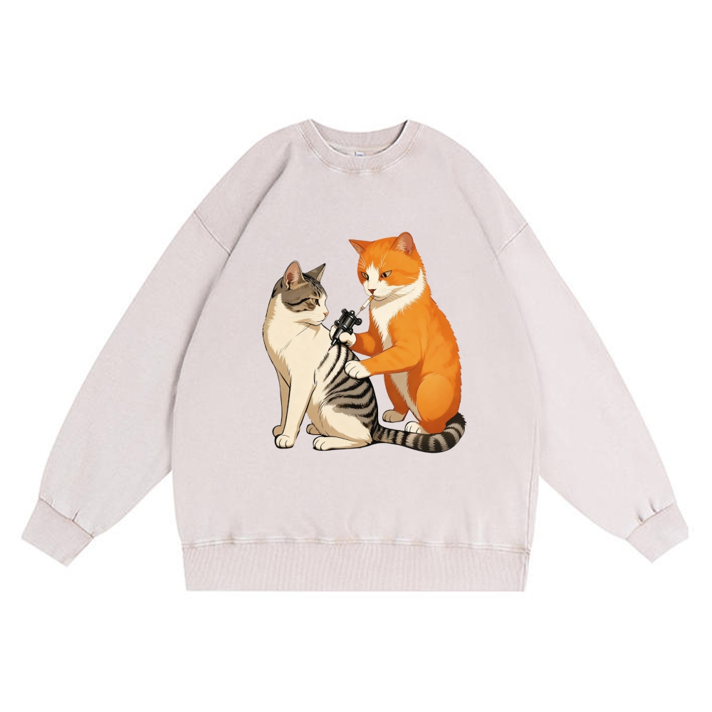 Tattoo Artist Orange Cat Retro Premium Washed Cotton Crewneck Sweatshirt