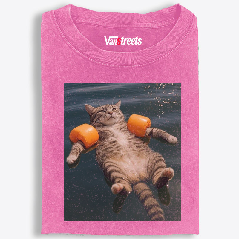 Tabby Cat With Arm Floaties Swimming Meme Retro Washed T-Shirt | 100% Cotton | Streetwear Essential