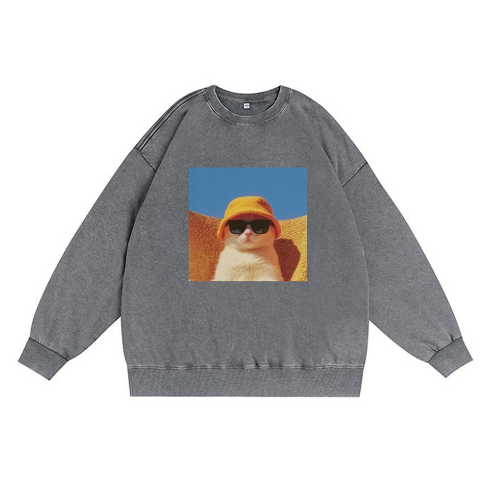 Cool Cat In Yellow Bucket Hat Streetwear Retro Premium Washed Cotton Crewneck Sweatshirt