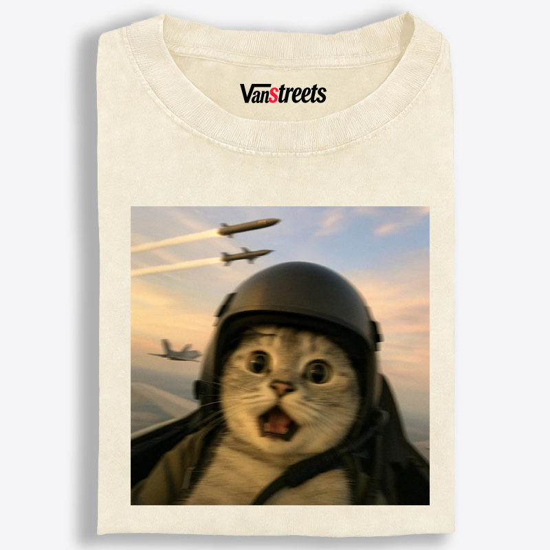 Fighter Jet Cat Pilot Meme Retro Washed T-Shirt | 100% Cotton | Streetwear Essential