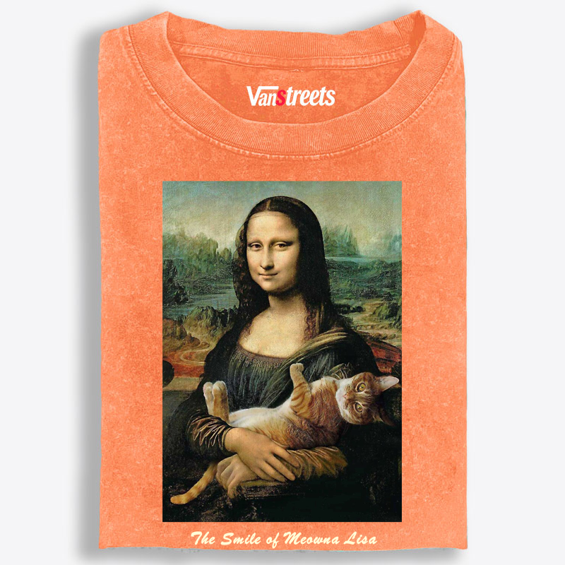 Meowna Lisa Mona Lisa Cat Parody Retro Washed T-Shirt | 100% Cotton | Streetwear Essential