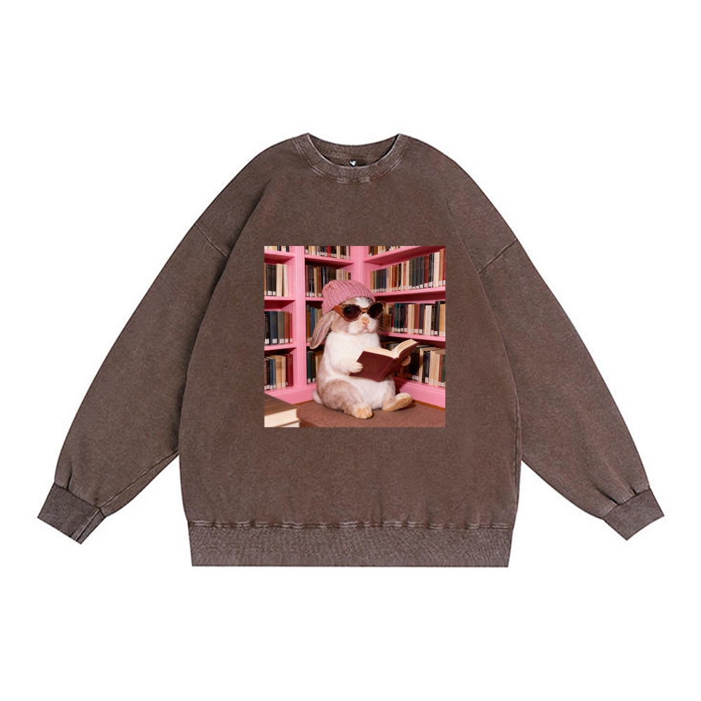 Bunny Bookish Rabbit Retro Washed Cotton Crewneck Sweatshirt