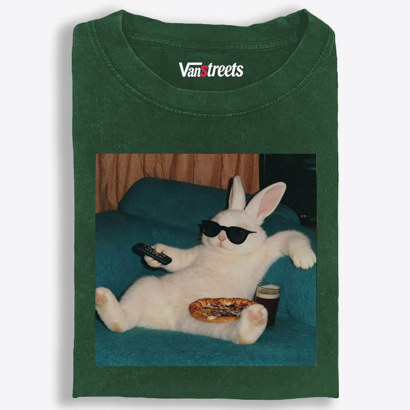 Couch Potato Bunny Retro Washed T-Shirt | 100% Cotton | Streetwear Essential