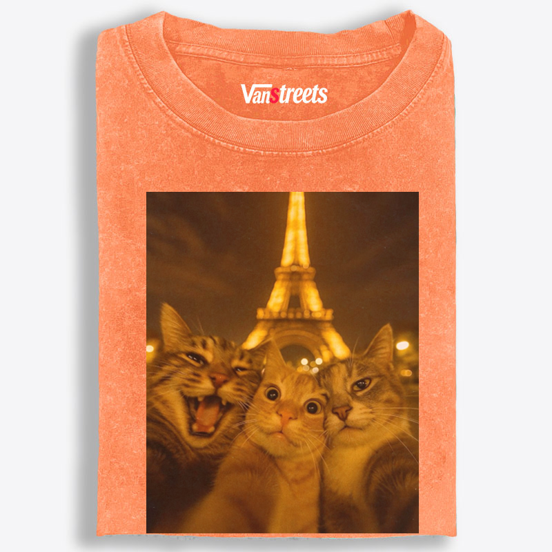 Cats at Eiffel Tower Selfie Cats at Eiffel Tower Selfie Retro Washed T-Shirt | 100% Cotton | Streetwear Essential