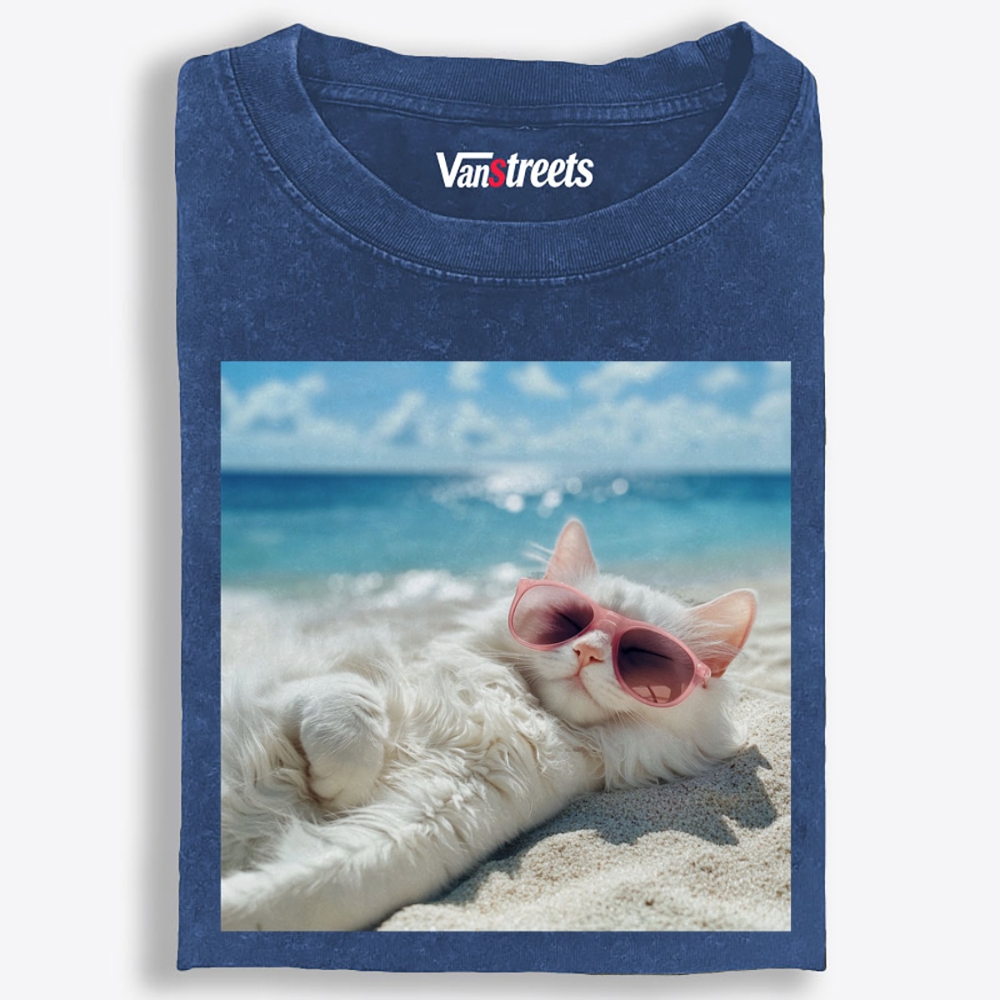 Lazy Beach Cat Sunbathing Washed T-Shirt | 100% Cotton | Streetwear Essential