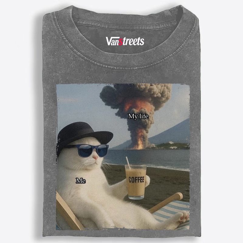 Volcano Coffee Cat "Me vs My Life" Meme Retro Washed T-Shirt | 100% Cotton | Streetwear Essential