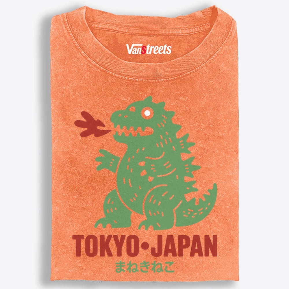 Maneki Neko Godzilla Tokyo Retro Washed T-Shirt | 100% Cotton | Streetwear Essential