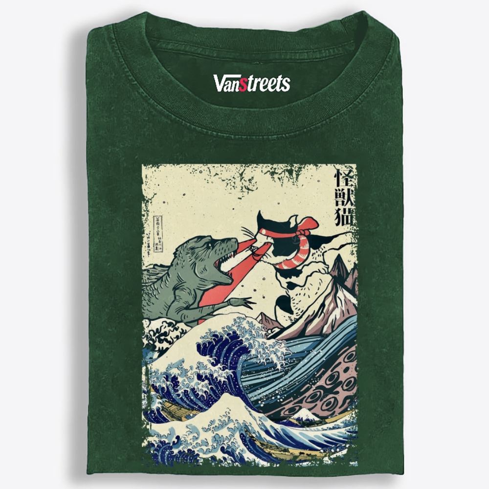 Kaiju Cat vs Godzilla The Great Wave Off Kanagawa Retro Washed T-Shirt | 100% Cotton | Streetwear Essential