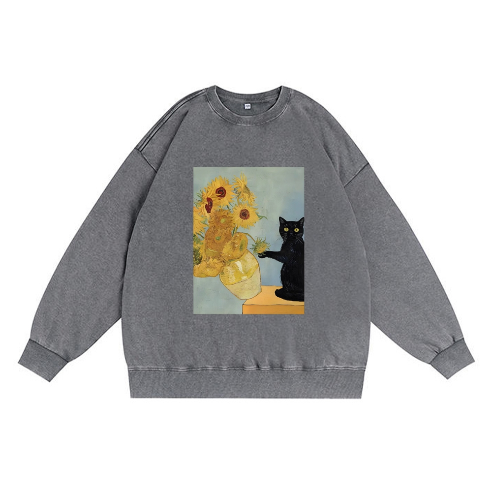 Van Gogh Sunflowers Black Cat Retro Premium Washed Cotton Crewneck Sweatshirt