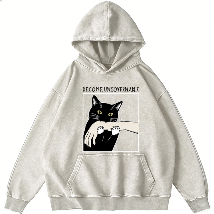 Become Ungovernable Biting Cat Retro Washed Hoodide | 100% Cotton | Streetwear Essential