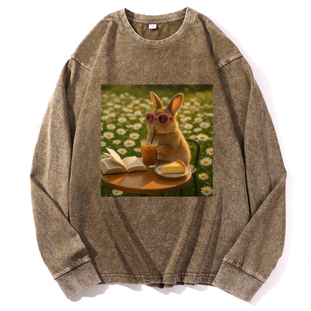 Daisy Afternoon Tea Bunny Meme Retro Premium Washed Cotton Crewneck Sweatshirt