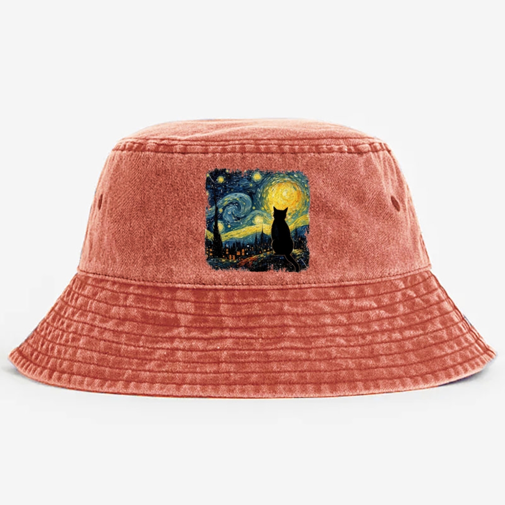Van Gogh Starry Night Cat Retro Vintage Washed Bucket Hat