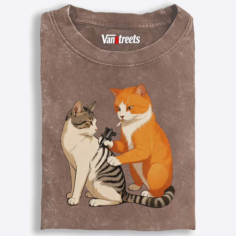 Tattoo Artist Orange Cat Retro Washed T-Shirt | 100% Cotton | Streetwear Essential
